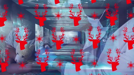 Animation-of-reindeer-heads-and-data-processing-over-african-american-doctor-and-patient