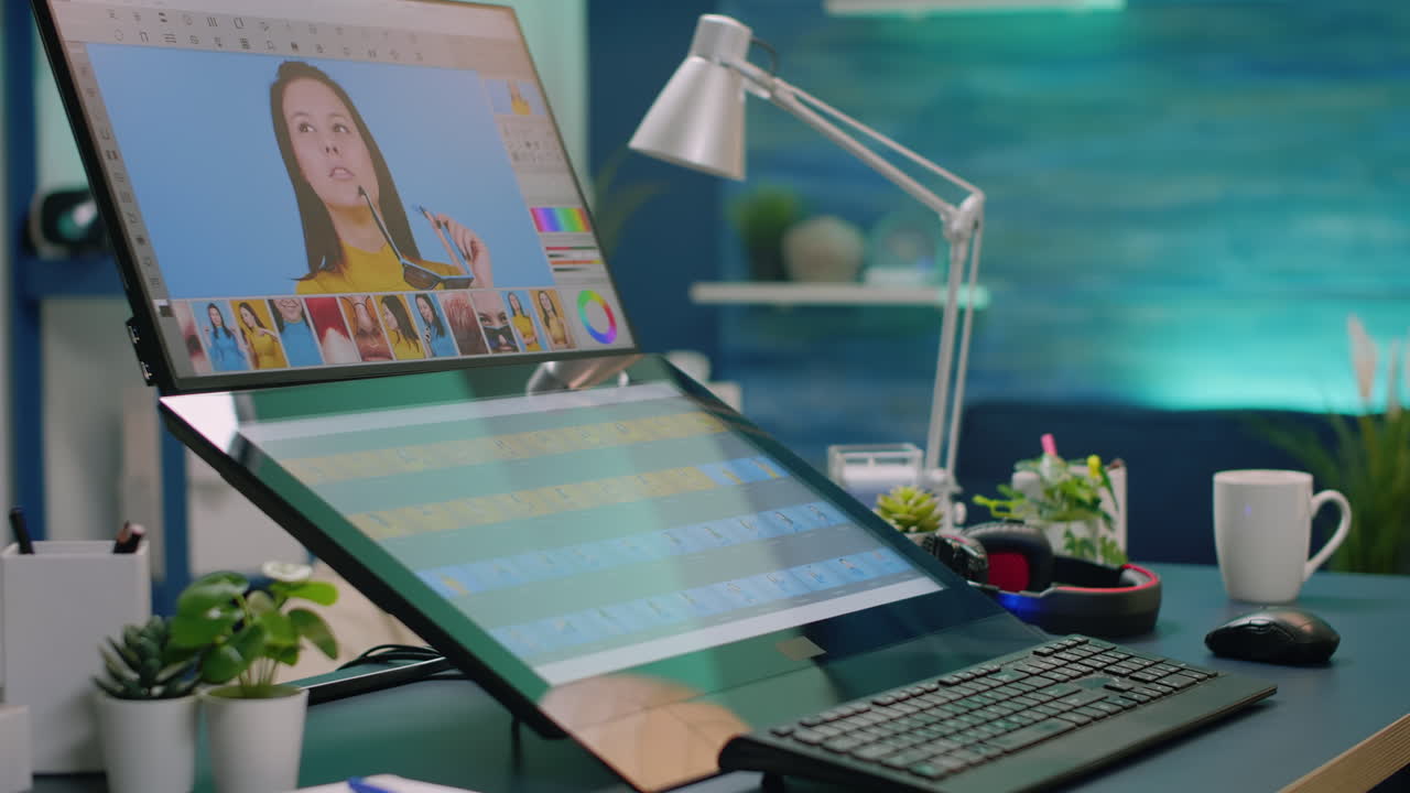 Close up of desk with retouching software on computer