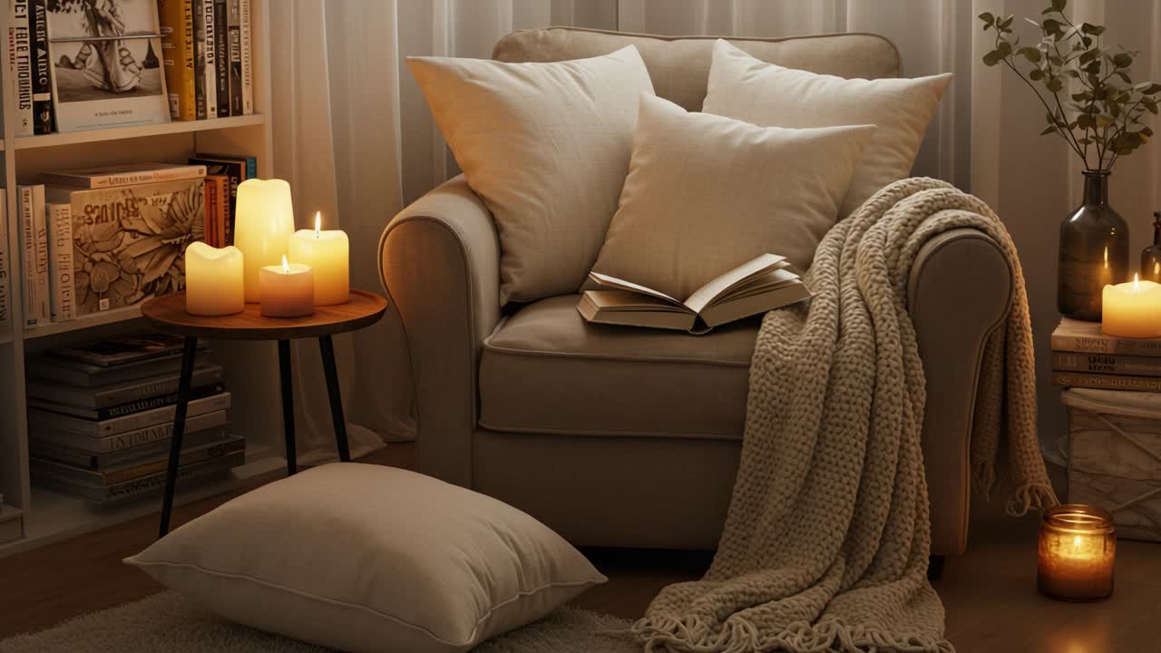 Cozy Reading Nook with Plush Chair, Soft Blankets, and Warm Candlelight—A Perfect Relaxing Ambiance for Autumn Evenings and Quiet Moments