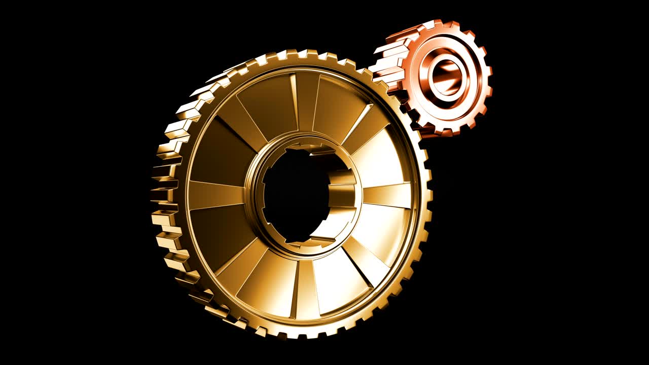 두 개의 큰 금속 기어 협업과 회전 클로즈업 원활한 루프 3d 애니메이션 녹색 화면 팀워크 비즈니스 및 기술 개념