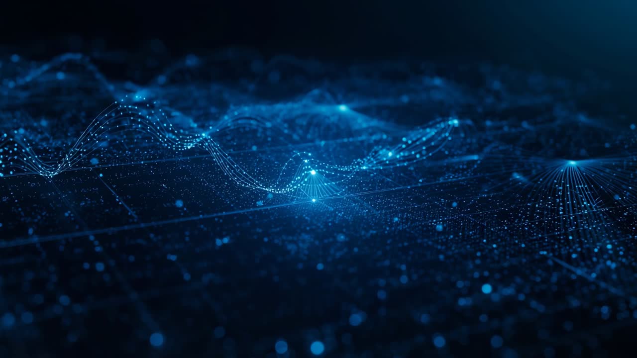 Pulsing center sending ripples across mesh of blue light points on digital grid, showing data
