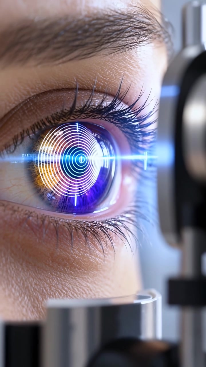 Close-up view shows an eye opening, closing, and reopening beside metallic optical equipment while a horizontal blue light and circular targeting graphics illuminate the iris.