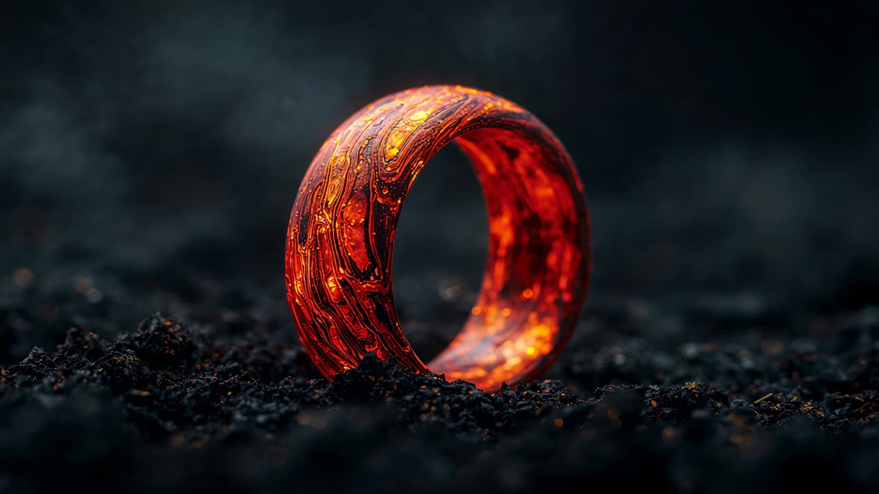 Molten ring emitting orange-red glow casting light on volcanic ground, driven by intense heat