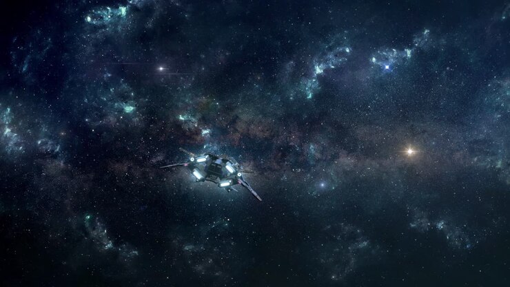 Piccola astronave che esplora le profondità dello spazio tra stelle e nebulose.