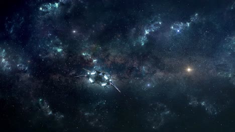 pequeña nave espacial que explora las profundidades del espacio a través de las estrellas y las nebulosas