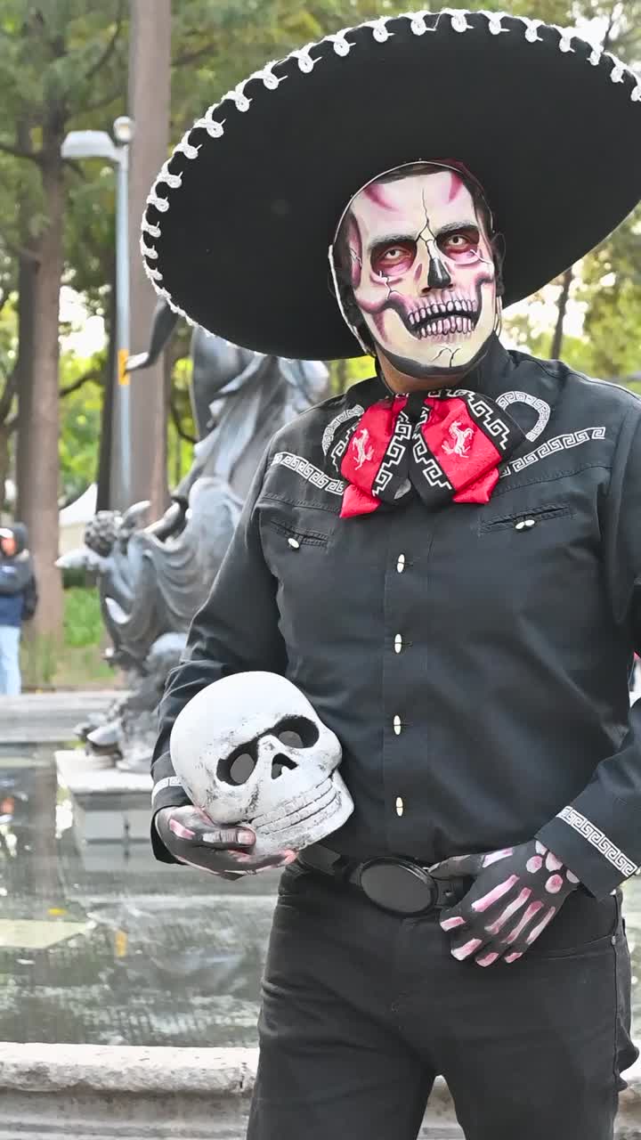 People dressed in traditional costumes for Day of the Dead celebration, Person in Mexican mariachi outfit for Día de los Muertos