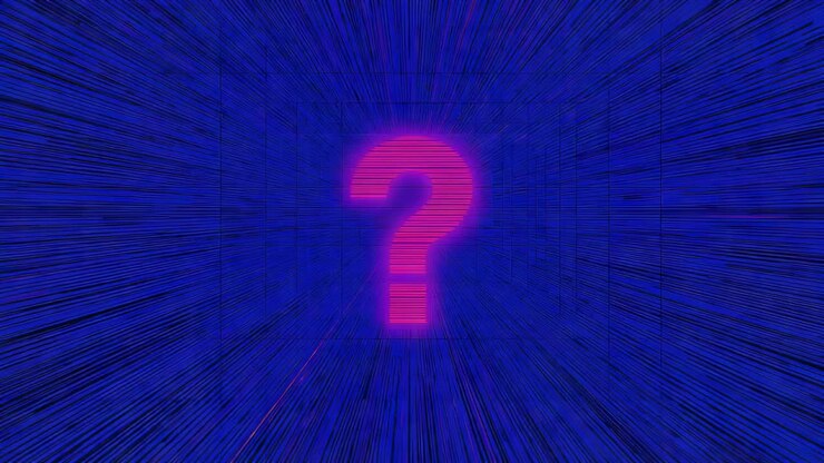 Appearing neon pink question mark glowing with scanline bands at second 0, blue tunnel accelerating