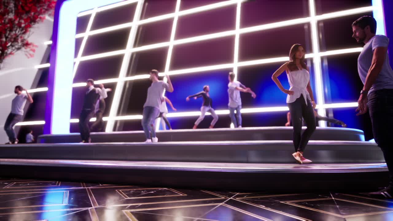 animación de dos personas hablando en un vestíbulo mientras un grupo de hombres baila en el fondo