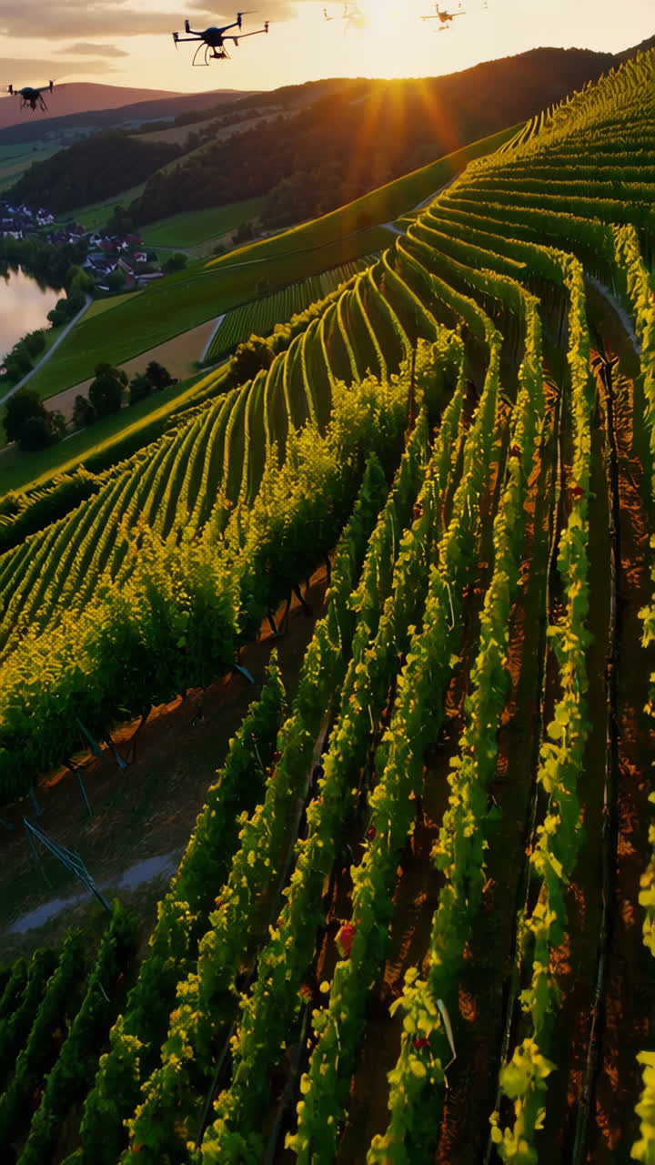 Vista drone di un vigneto al tramonto