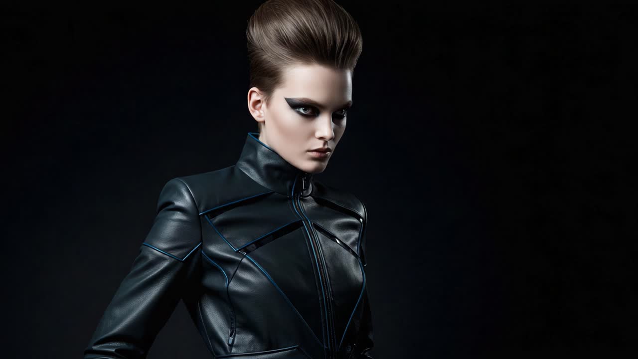 Striking Fashion Portrait of a Model in a Sleek Black Leather Jacket with Dramatic Makeup and Iconic Hairdo Against a Dark Backdrop