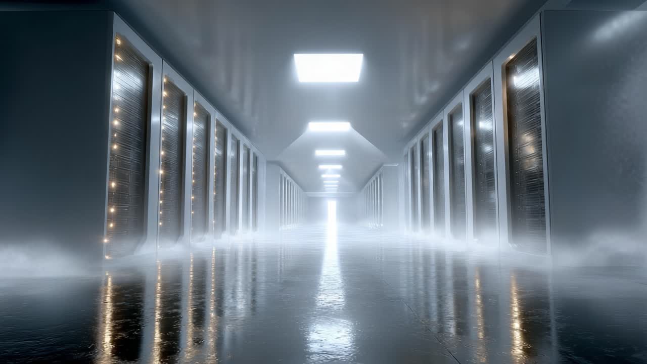 A Striking Perspective of a Modern Corridor Illuminated by Soft Lighting, Showcasing a Futuristic Design Aesthetic and Ethereal Atmosphere with a Mysterious Fog