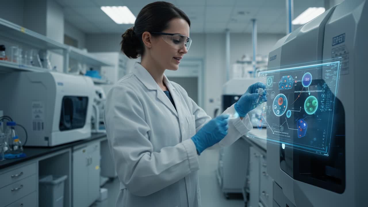 A Focused Scientist in a Modern Laboratory Analyzing Digital Interface Data with Cutting-Edge Technology and Advanced Instruments for Research Purposes