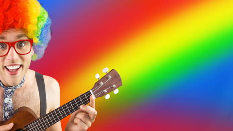 animation of geek playing guitar wearing rainbow color wig over rainbow