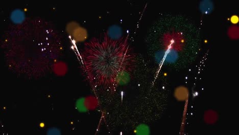 Animation-of-fireworks-and-christmas-fairy-lights-flickering-over-black-background