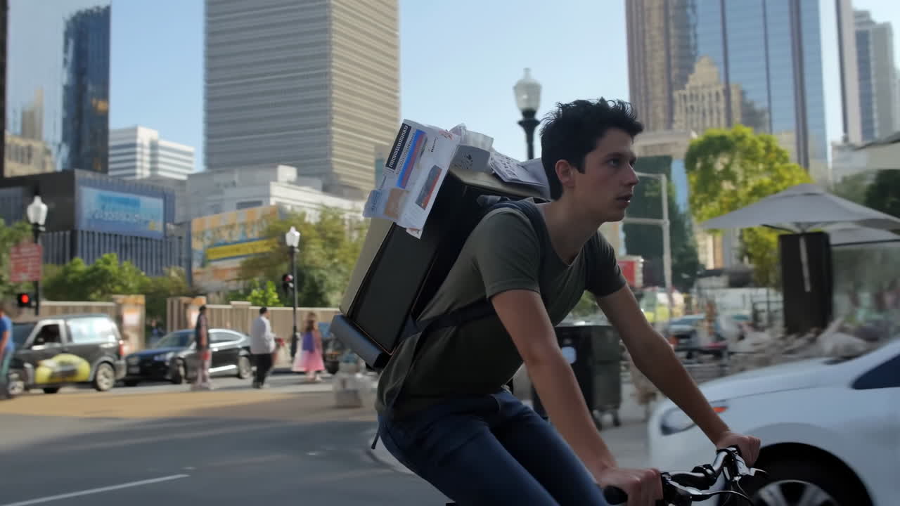 White Male Courier Cycling Through Downtown, Large Backpack Of Parcels, Navigating Congested Intersection