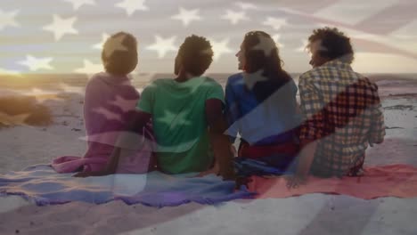 animación de ondear la bandera de ee.uu. sobre un grupo de amigos divirtiéndose en la playa
