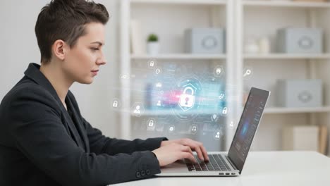 focused professional engaging in cybersecurity measures while working on laptop surrounded by digital lock symbols and secure data representations