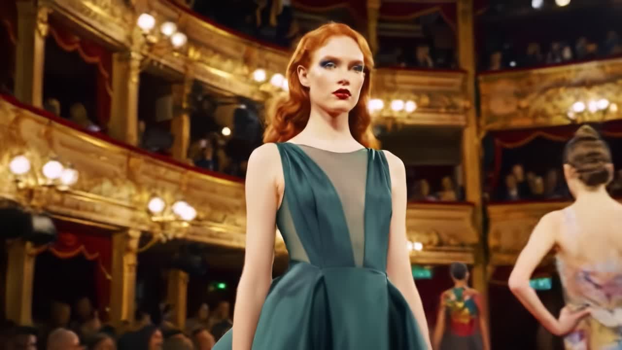 Elegant Fashion Runway Show Featuring Stunning Models in Luxurious Dresses, Captivating Audience in a Grand Theatrical Venue with Opulent Décor