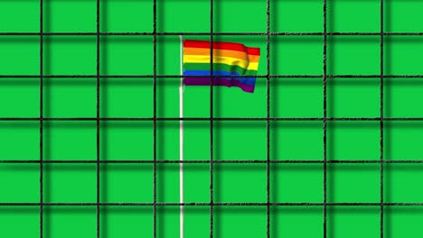 Bandera-Icónica-Lgbt-Detrás-De-La-Jaula-Y-La-Pantalla-Verde-Para-La-Clave-De-Croma-En-El-Fondo,-Acercar