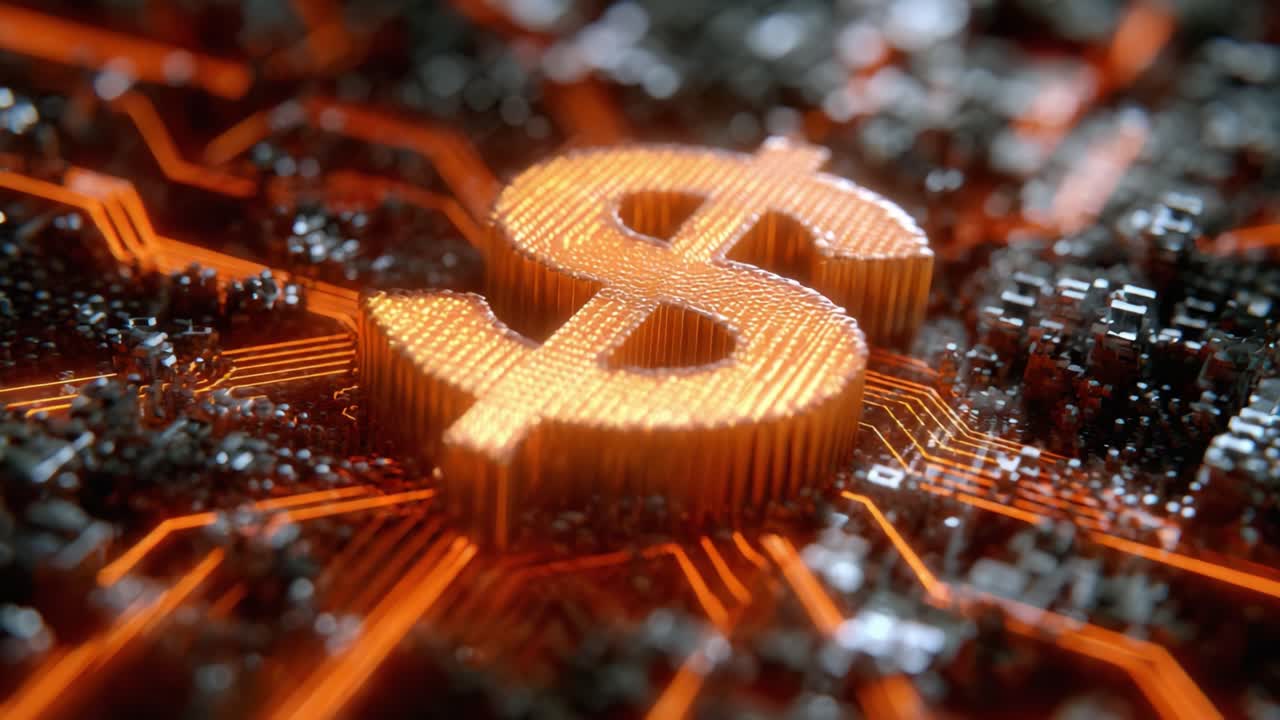 A Close-Up Exploration of a Metallic Dollar Sign on a Complex Circuit Board with Vibrant Electronics, Symbolizing Modern Finance and Technology Intersections