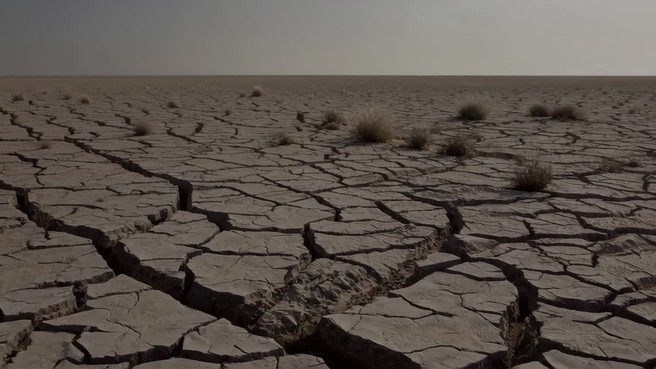 Dried cracked earth with sparse vegetation
