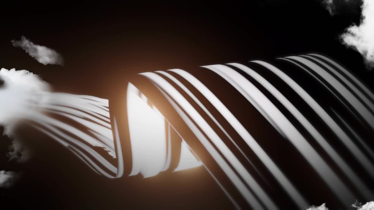 Thick clouds drifting revealing unrolling ribbon undulating showing stripes against dark gradient