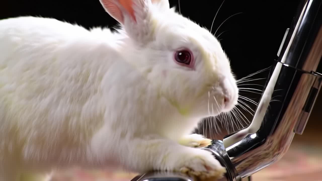 A Cute White Rabbit Curiously Investigates the Nozzle of a Vacuum Cleaner in a Cozy Indoor Setting. The Adorable Bunny Shows Enthusiasm and Playfulness During Its Exploration.