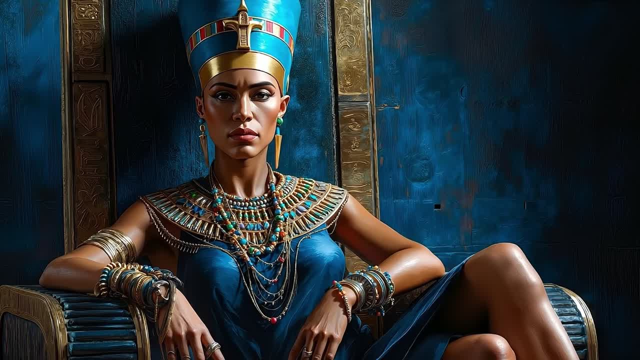 왕좌 에 앉아 있는 파란 드레스 를 입은 여자