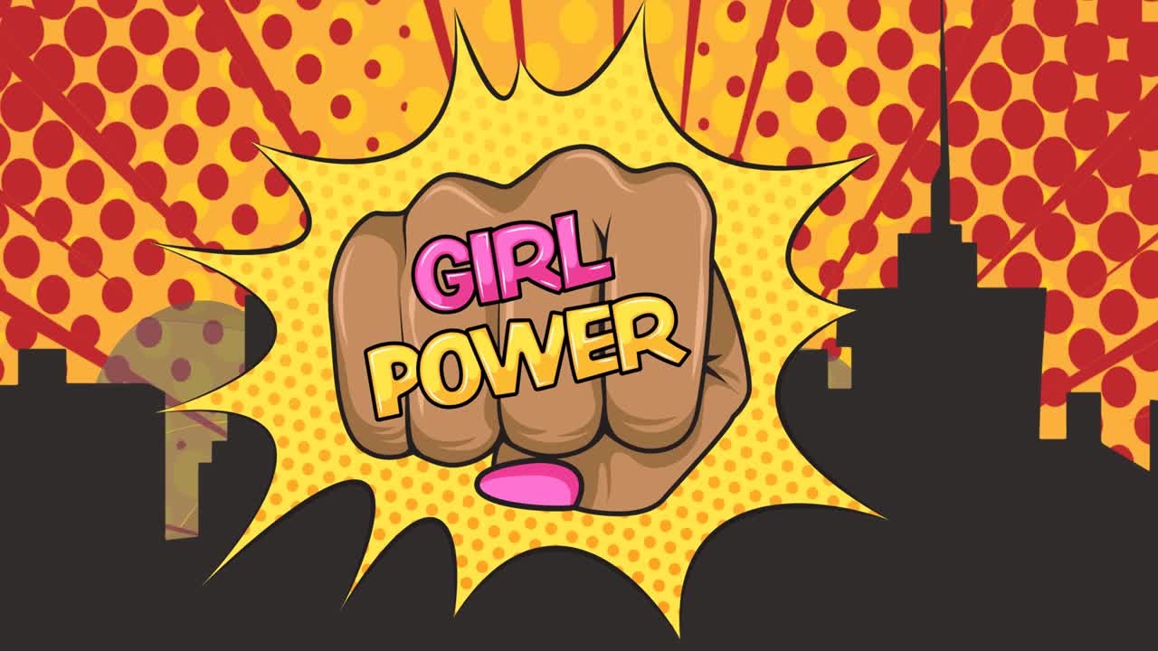 animación de texto niñas poder en el puño femenino, sobre el paisaje urbano