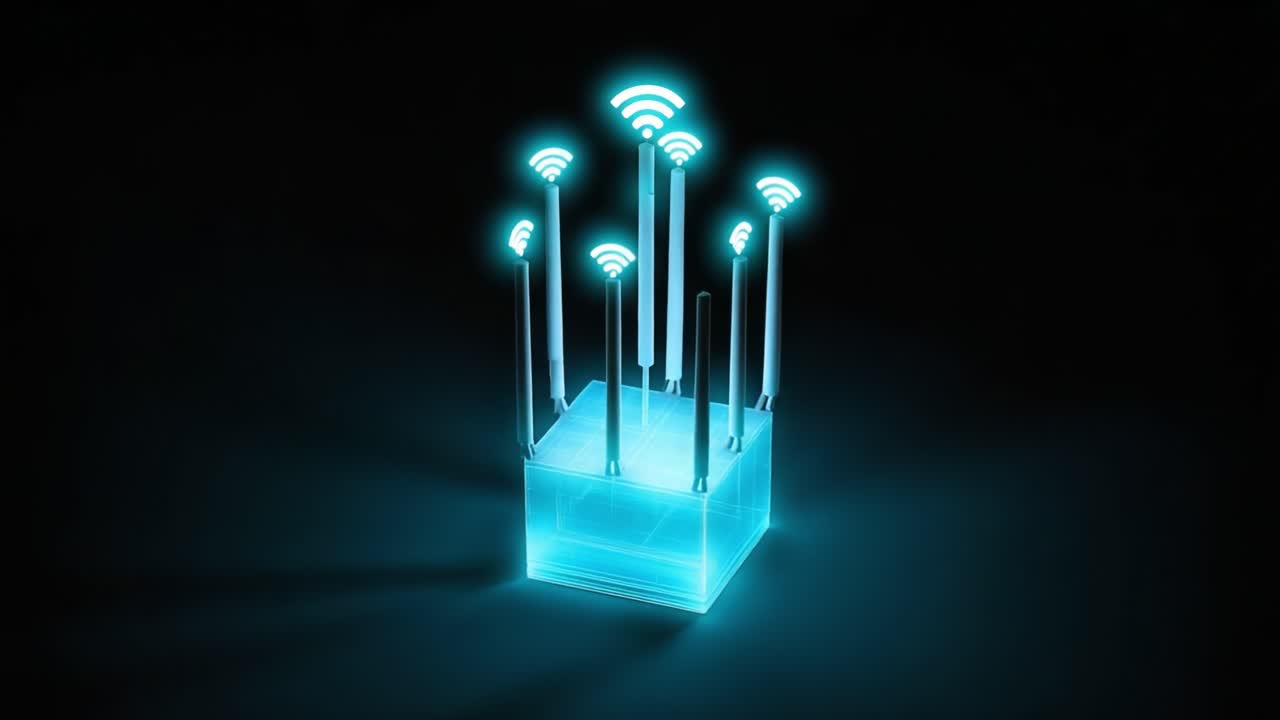 Futuristic Wireless Connectivity: A Cubic Structure with Radiating Signals Depicted in Glowing Blue Light Against a Dark Background, Symbolizing Advanced Technology and Network Systems