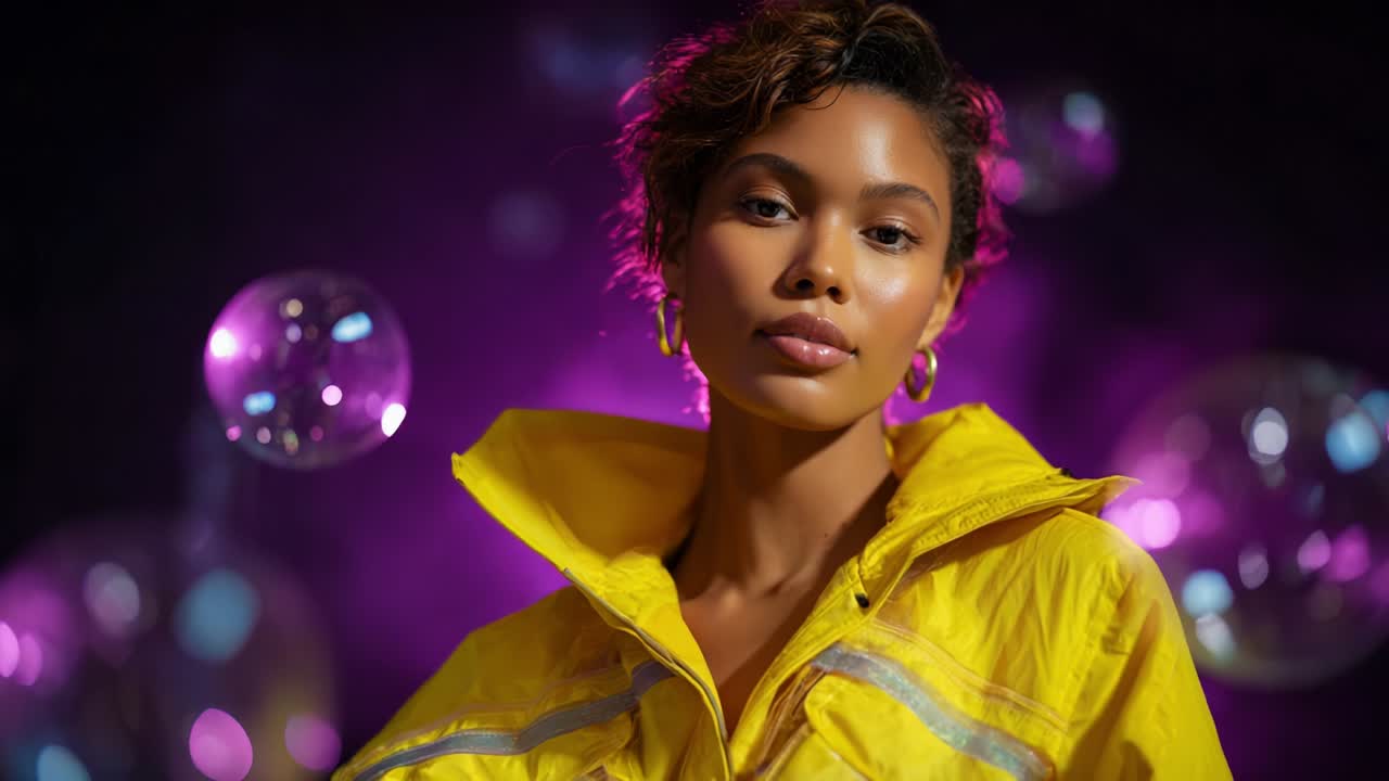 A captivating portrait of a fashionable individual in a vibrant yellow rain jacket, illuminated against a backdrop of striking purple hues and surrounded by shimmering bubbles that enhance the stylish atmosphere