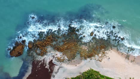 beautiful top bird's eye view of ocean waves hitting rocks on the shore of a tropical northern brazil beach named tabatinga with blue water and golden sand near joao pessoa on a warm summer day