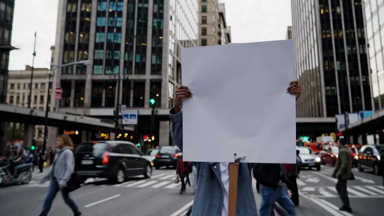 Urban video concept with a person holding a blank sign on a busy city street