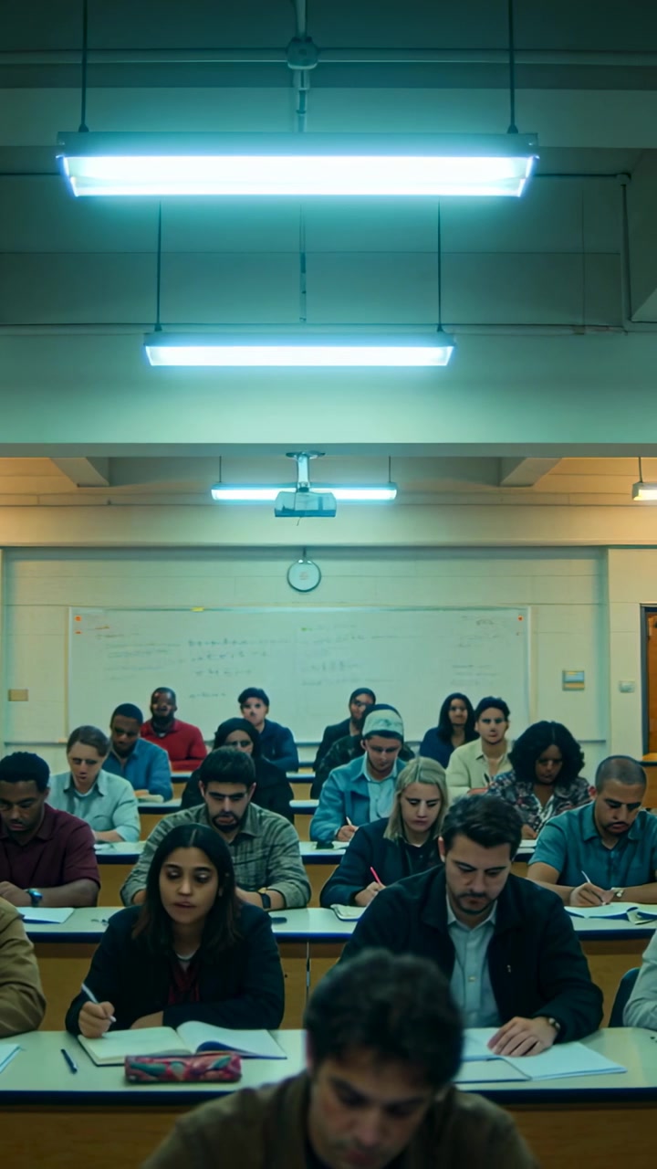 Vertical video: Recording man in brown jacket looking up while taking notes in classroom, with pens