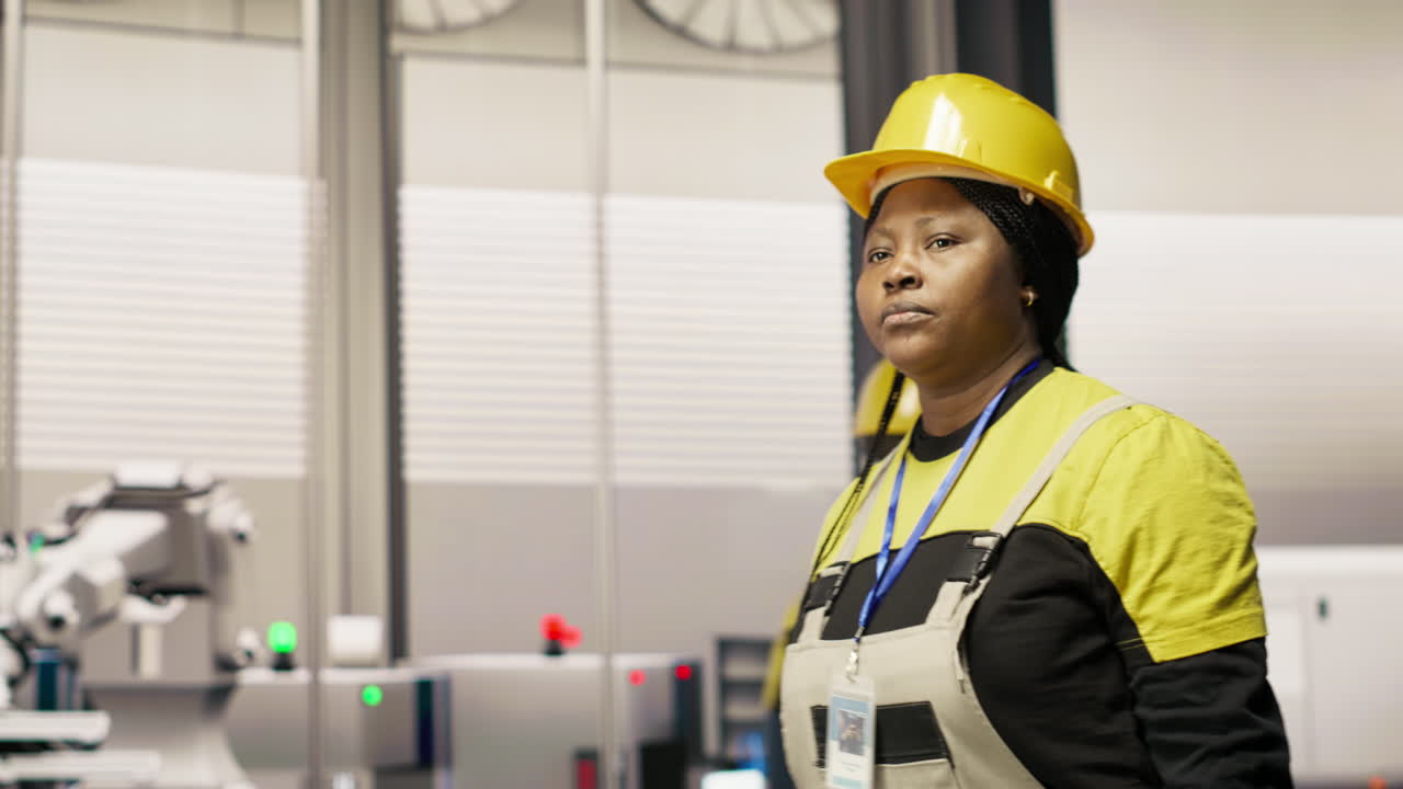 Vertical video Engineer in smart factory overseeing robotic assembly lines