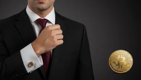 a confident businessman displaying a bitcoin coin with elegance, symbolizing the intersection of traditional finance and digital currency innovations