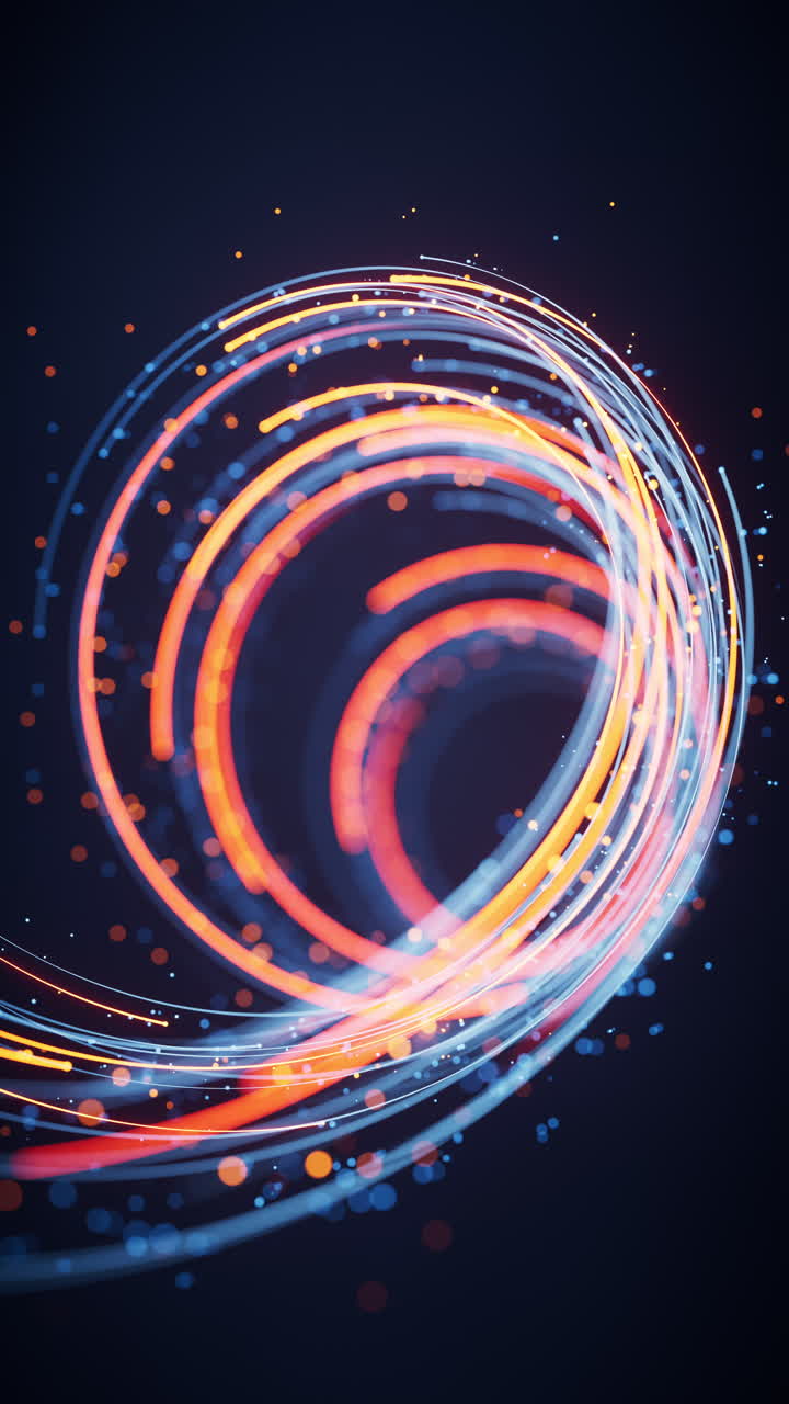 Rotating glowing vortex lines and particles background, 3d rendering.