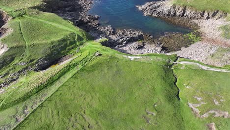 aerial view of beach on rocky coastline of scotland uk and green pastures, drone shot 60fps