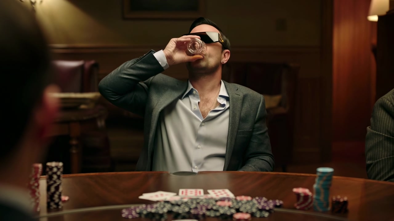 Un uomo serio con occhiali da sole siede al centro di un tavolo da poker in un casinò poco illuminato, con fiches e carte da gioco in primo piano e un altro giocatore.