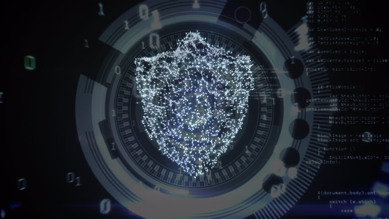 animación de escudo digital sobre fondo negro con círculos giratorios y código binario