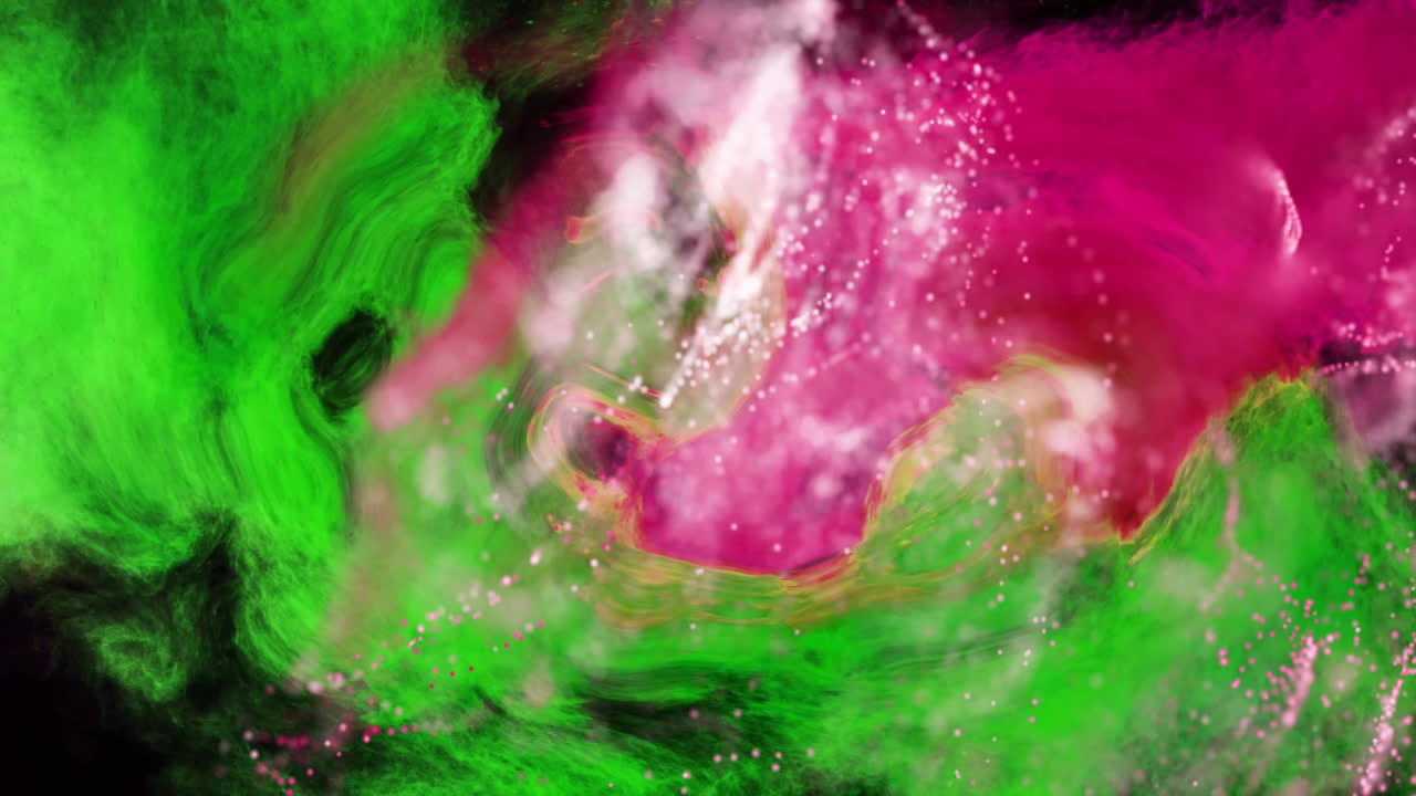 Animation of glowing pink mesh moving over waving green and pink background