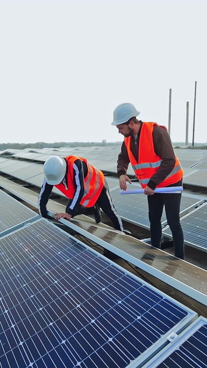 Solar panels installation. Two workers in a uniform and hard hat ...