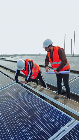 solar panels installation. two workers in a uniform and hard hat install photovoltaic panels on a solar farm. innovative electricity system. vertical video