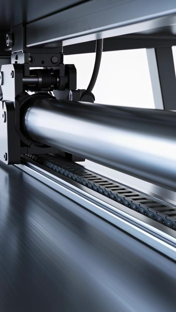 Vertical video: Starting motor turning metal roller and belt in plant, camera tracking for check