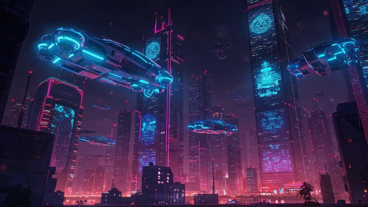 Futuristic Cityscape at Night: Vibrant Neon Lights and Hovering Vehicles Create a Dazzling Sci-Fi Atmosphere in a Densely Populated Urban Environment
