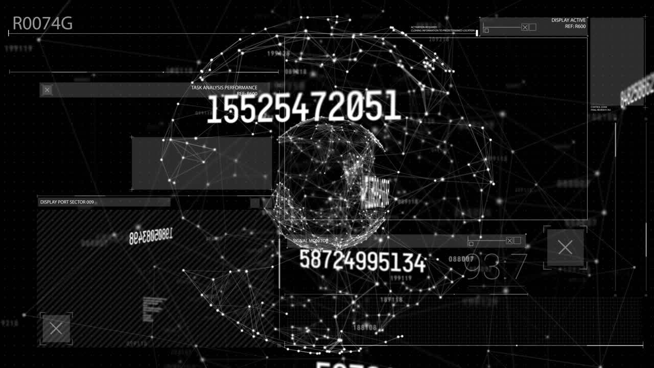 Animation av databehandling med jordklot över digital skärm