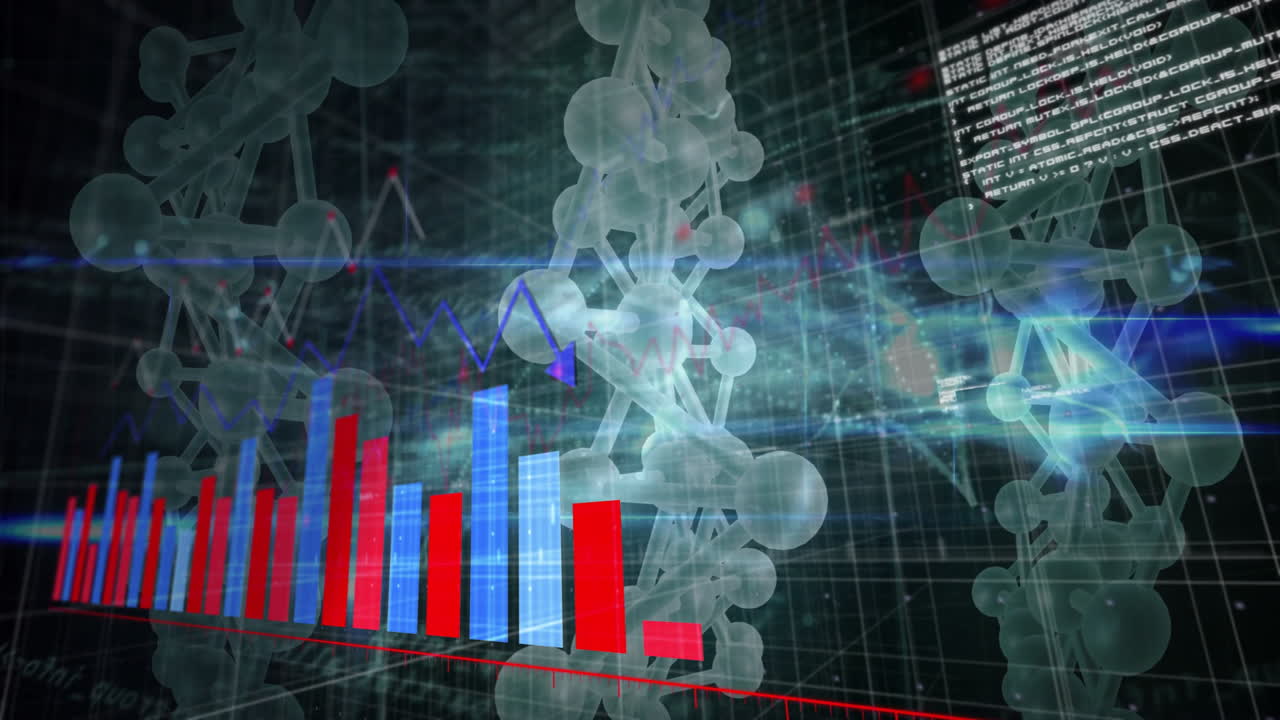 DNA strand and bar graph animation over digital data background