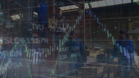 animation of financial data processing and statistics over diverse men working in factory