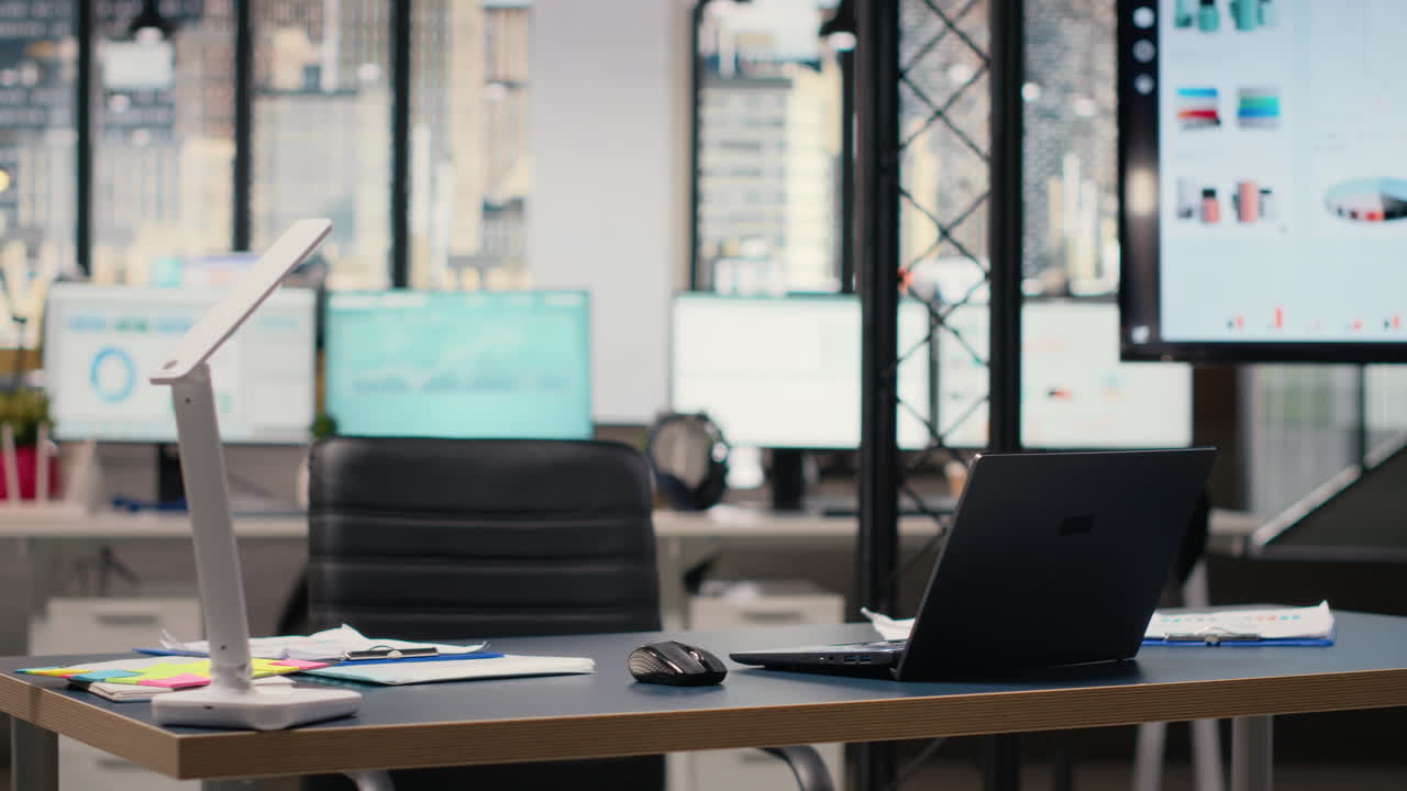 Vertical Video Empty modern office in a multinational company awaits strategy meeting