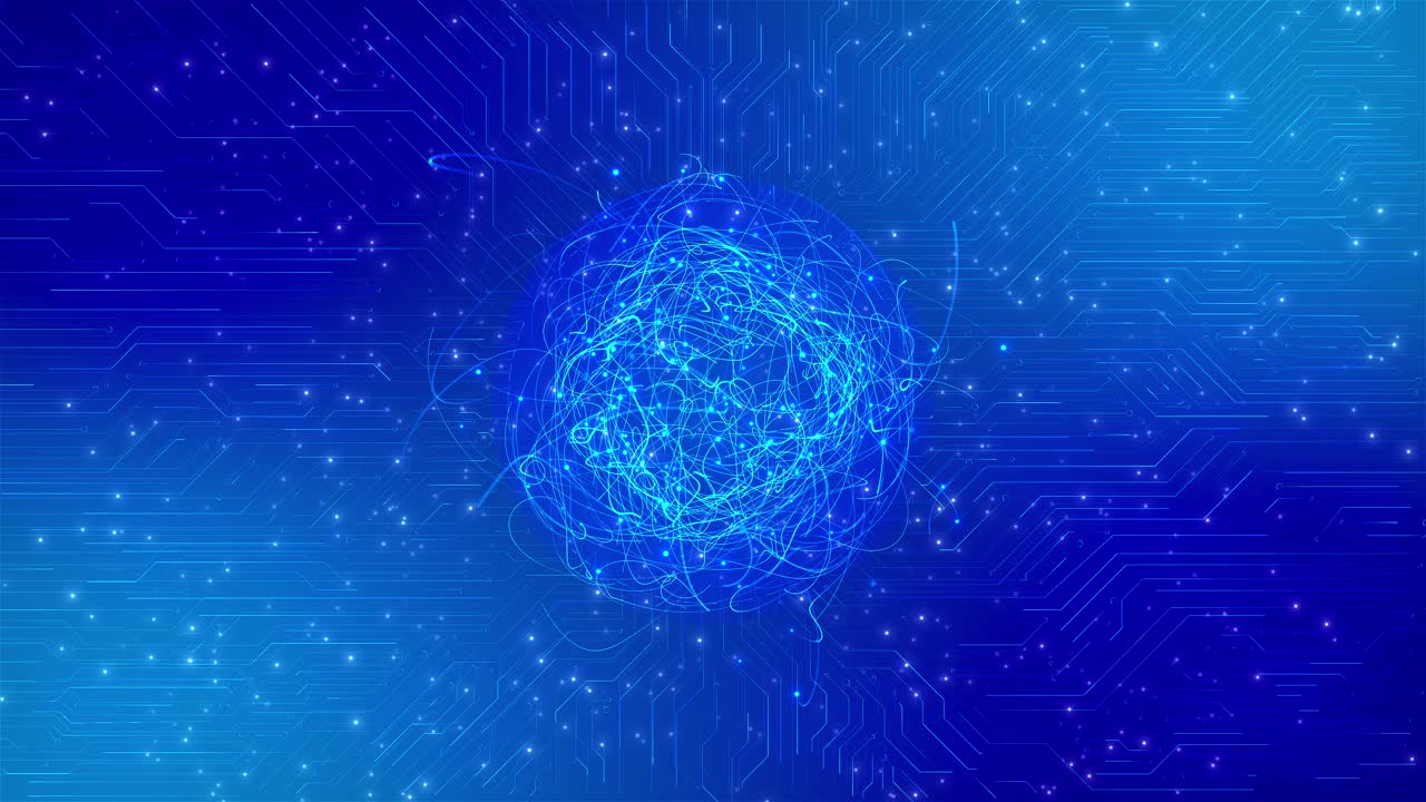 Futuristic circuit glowing particle flow forming puzzle spiral at center bright neon light trails